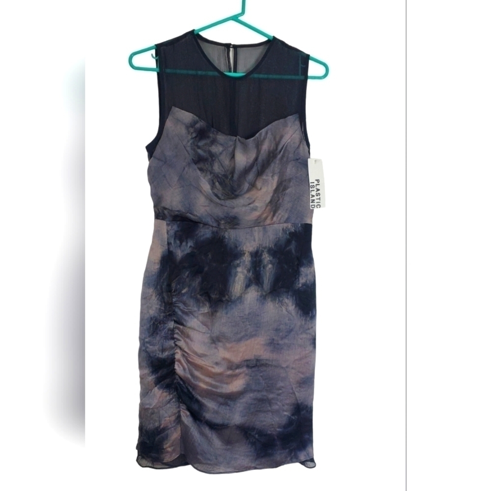 Plastic Island Dress Cocktail Gray Tie Dye Black Mesh Chiffon Lined Size Small